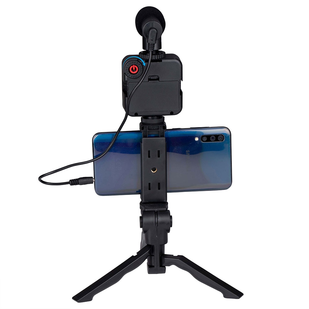 Grundig Vloggaussetti, jossa on mikrofoni, LED ja jalusta