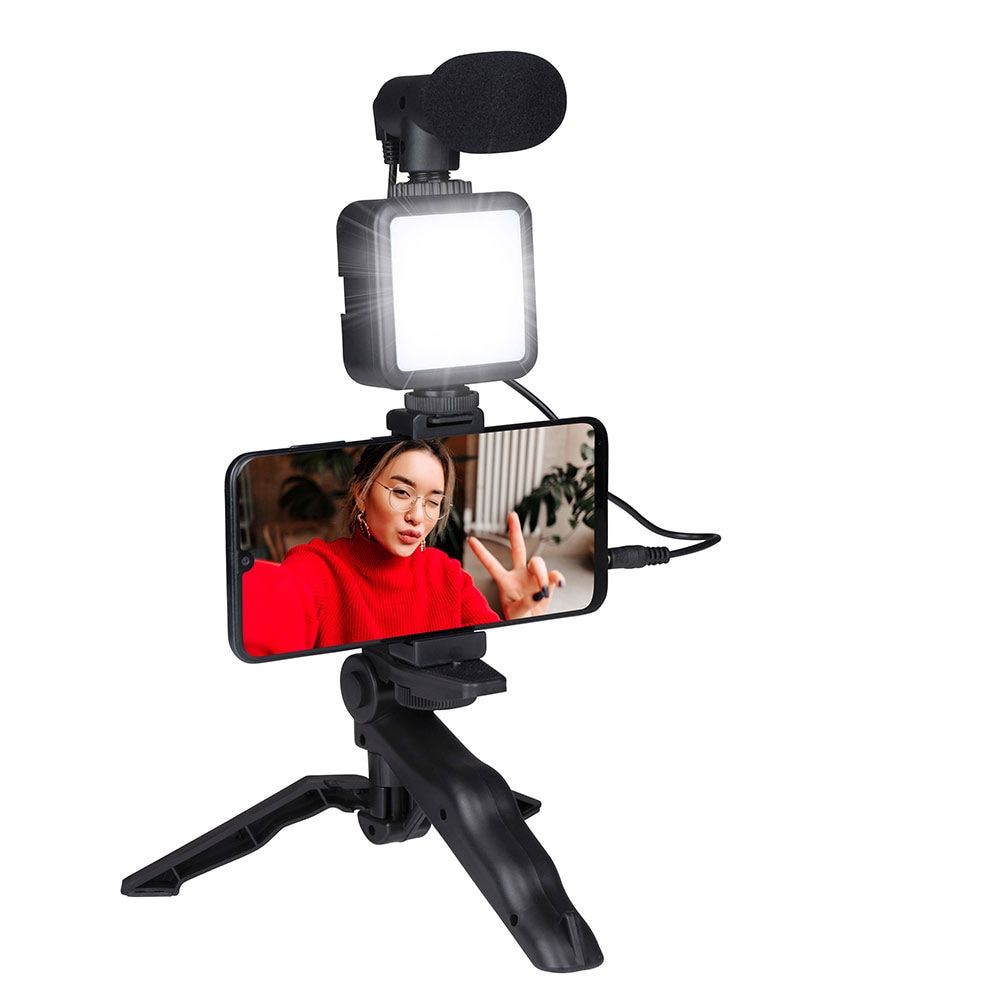Grundig Vloggaussetti, jossa on mikrofoni, LED ja jalusta