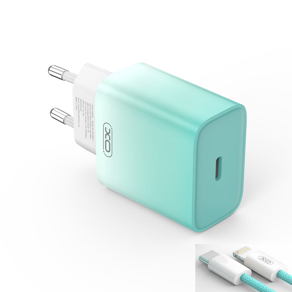 XO USB-C-laturi PD 30W Lightning-kaapelilla - sininen/valkoinen