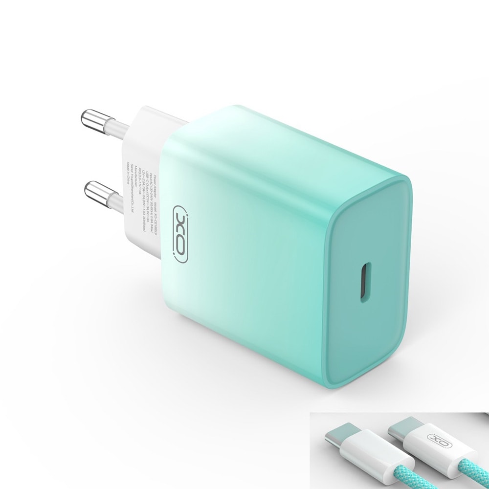 XO USB-C-laturi PD 30W USB-C-kaapelilla - sininen/valkoinen