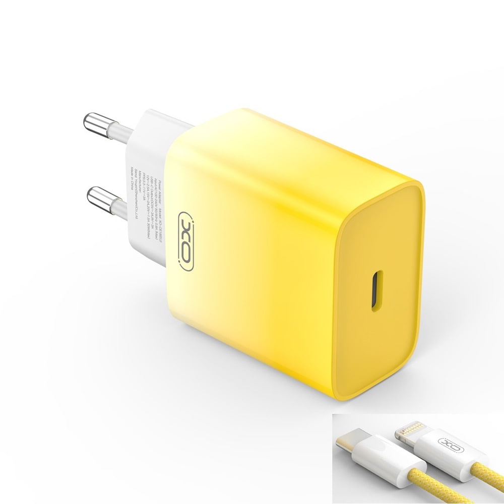 XO USB-C-laturi PD 30W Lightning-kaapelilla - keltainen/valkoinen