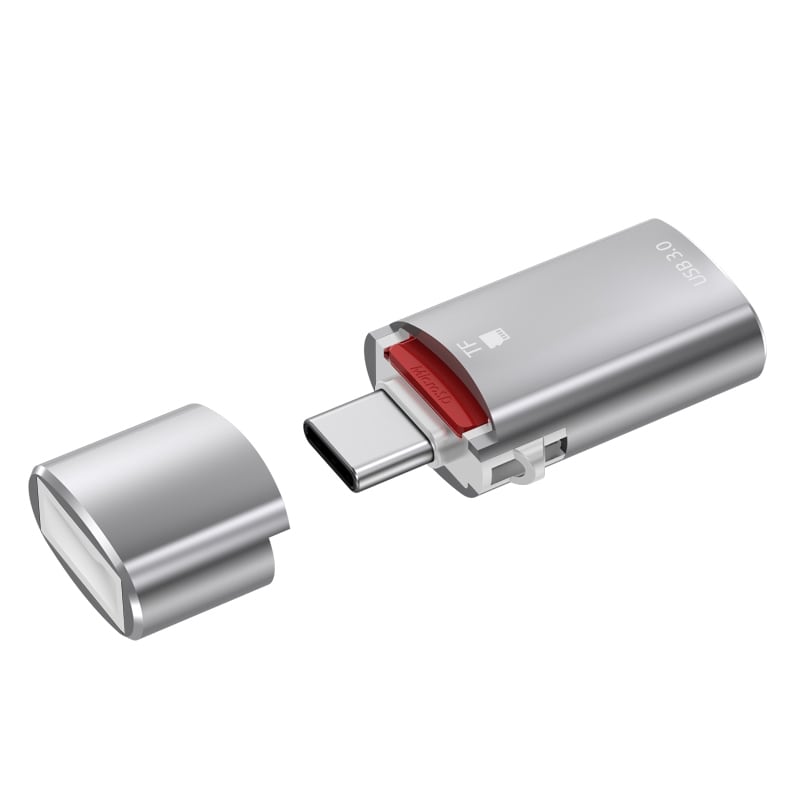 USB-C-sovitin USB 3.0:sta USB-C:hen, jossa on muistikortinlukija