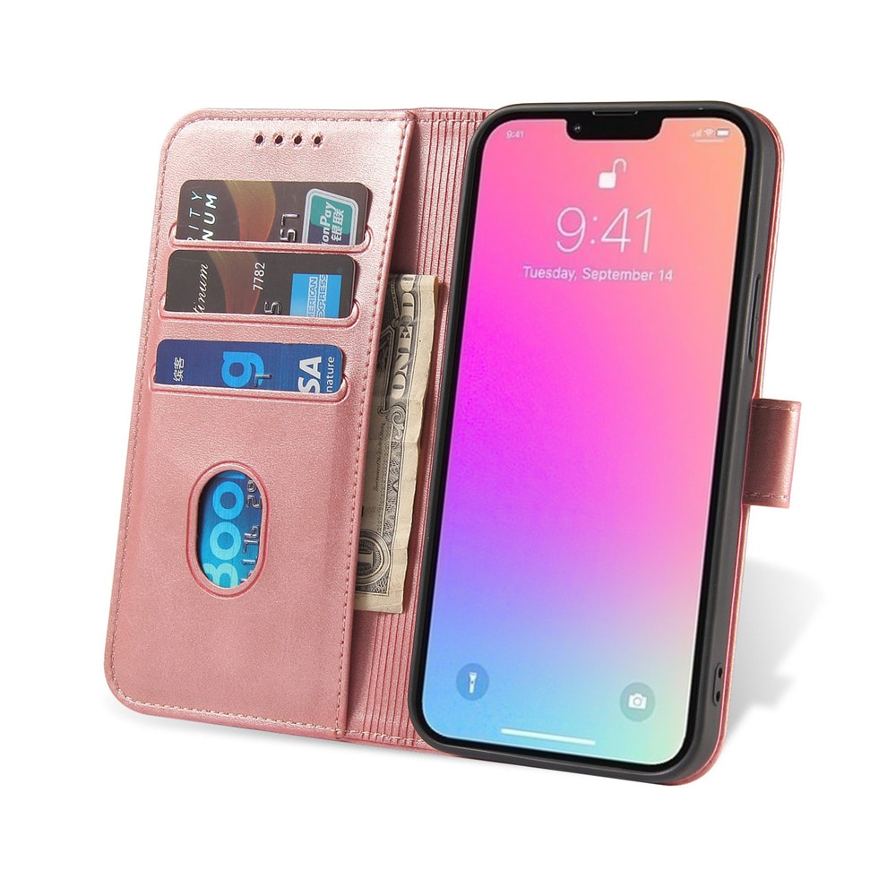 Lompakkokotelo jalustalla iPhone 15 Prolle - Pinkki