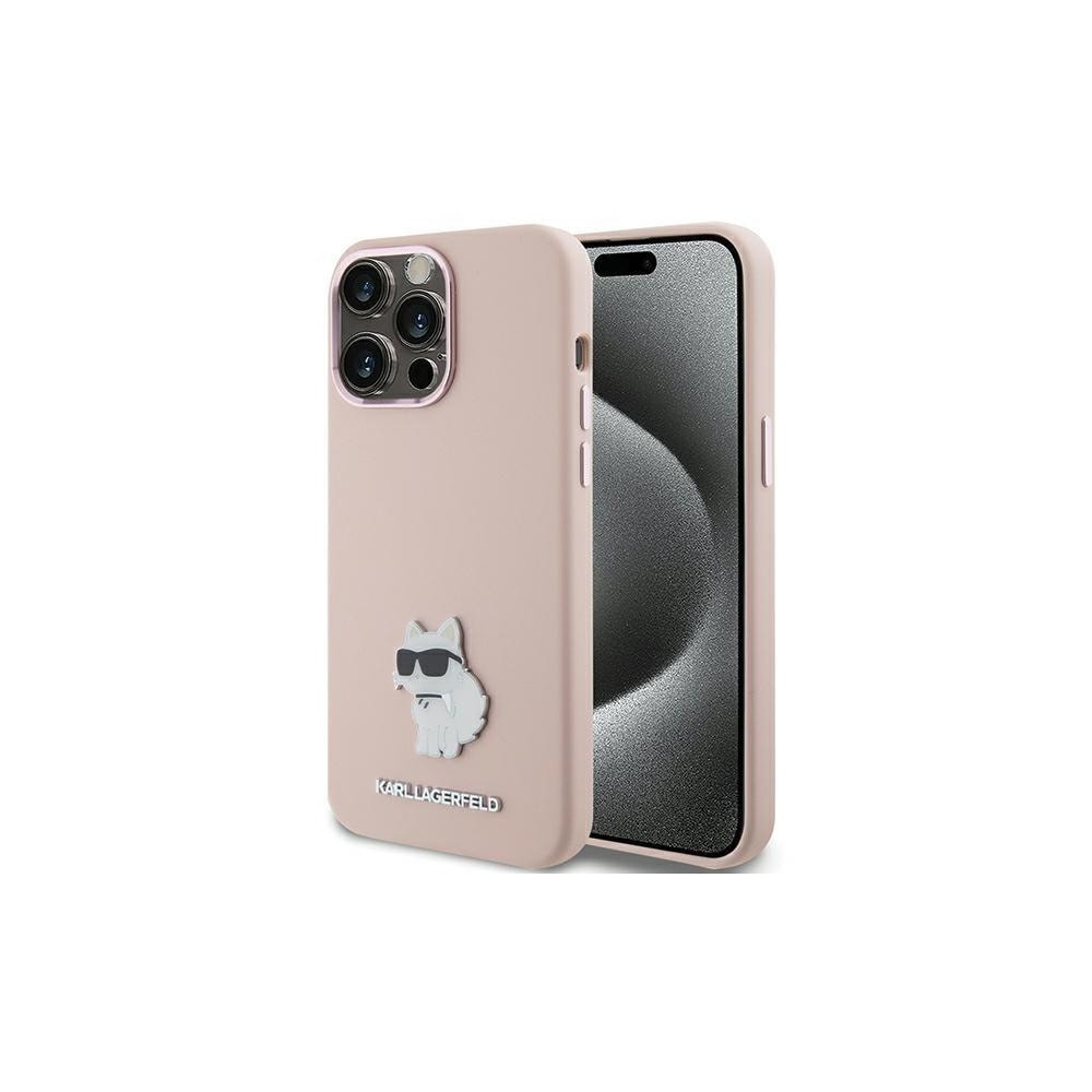 Karl Lagerfeld Choupette silikonikotelo iPhone 15 Prolle - vaaleanpunainen