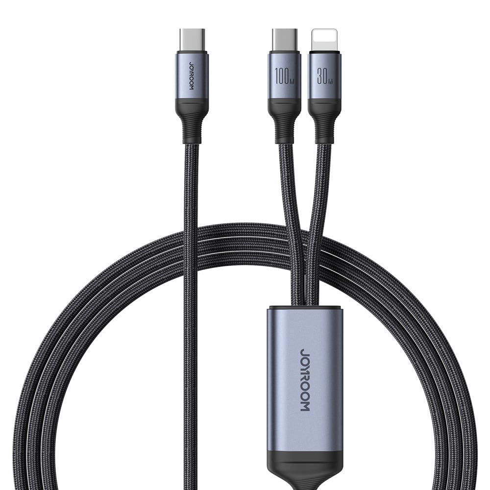 Joyroom 2in1 USB-kaapeli USB-C - USB-C & Lightning 100W 1,5m - musta