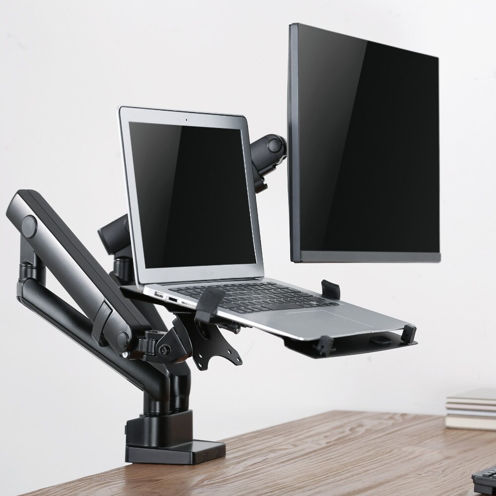 Ergonominen ja joustava pöytäkiinnike näytölle ja kannettavalle