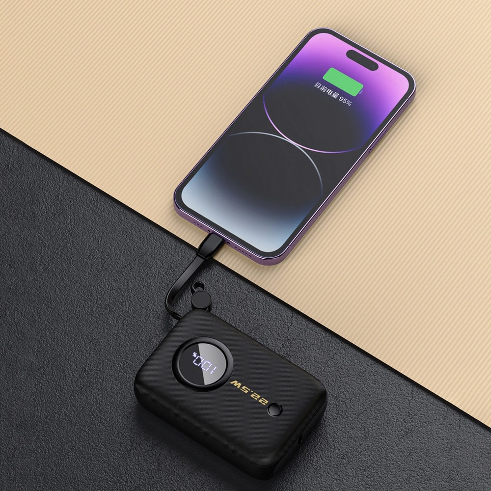 Powerbank 10000mAh USB-C ja Lightning-kaapelilla varustettuna