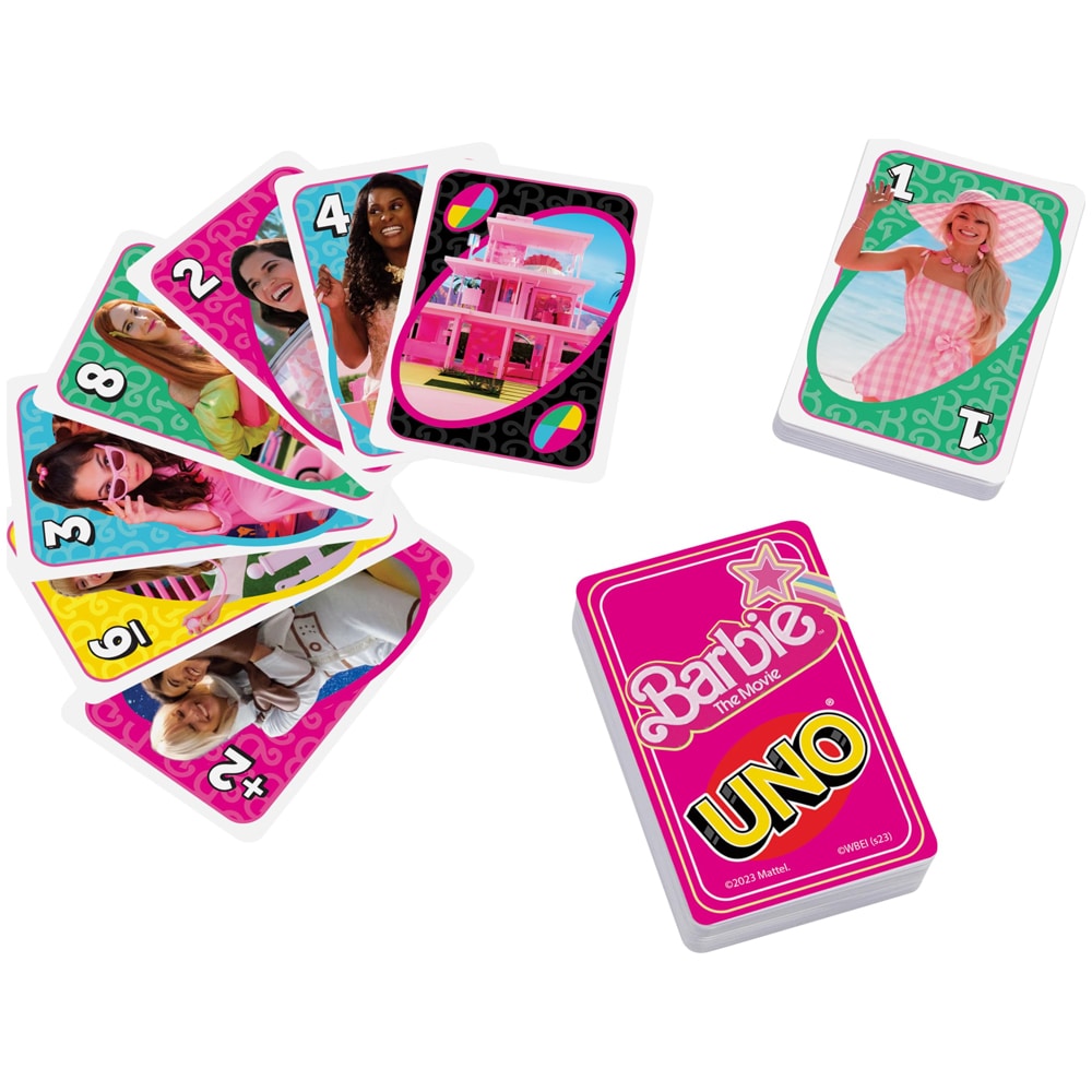 Uno, jossa on Barbie-elokuvan innoittamia motiiveja