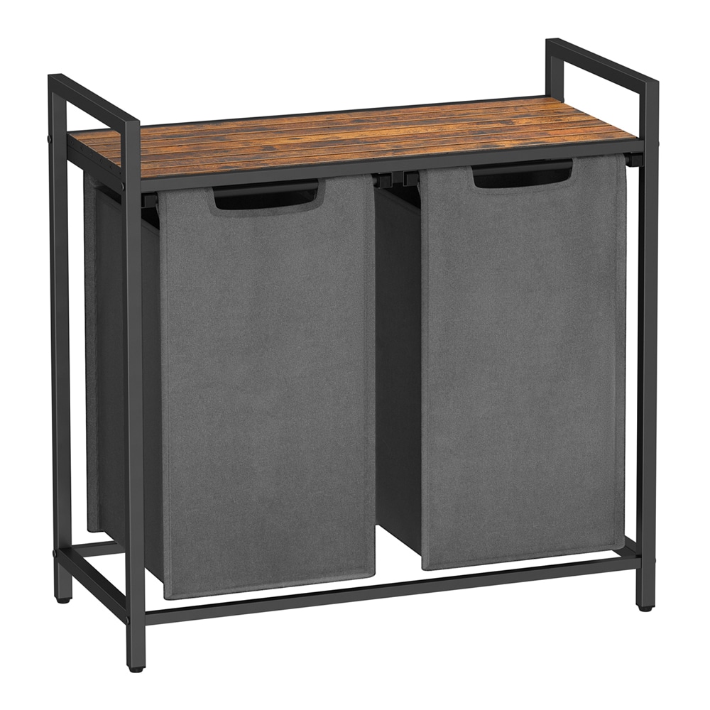 Pyykkikori, jossa on 2 lokeroa, irrotettavat pussit ja säilytyshylly - ruskea/harmaa