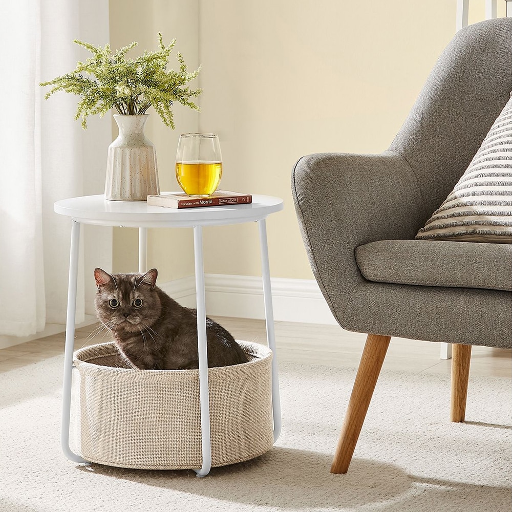 Pyöreä sivupöytä kangaskorilla - Valkoinen