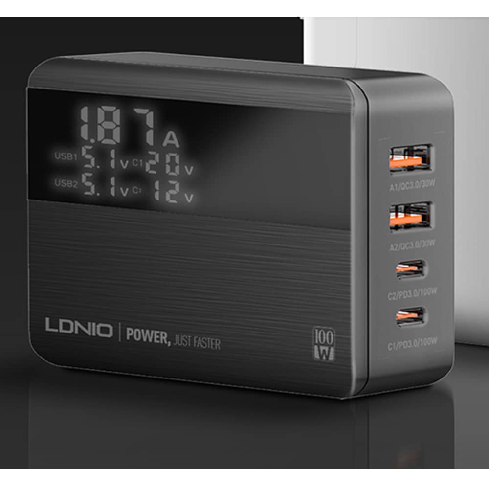 USB-latausasema GaN 100W PD, jossa on 2xUSB-C ja 2xUSB