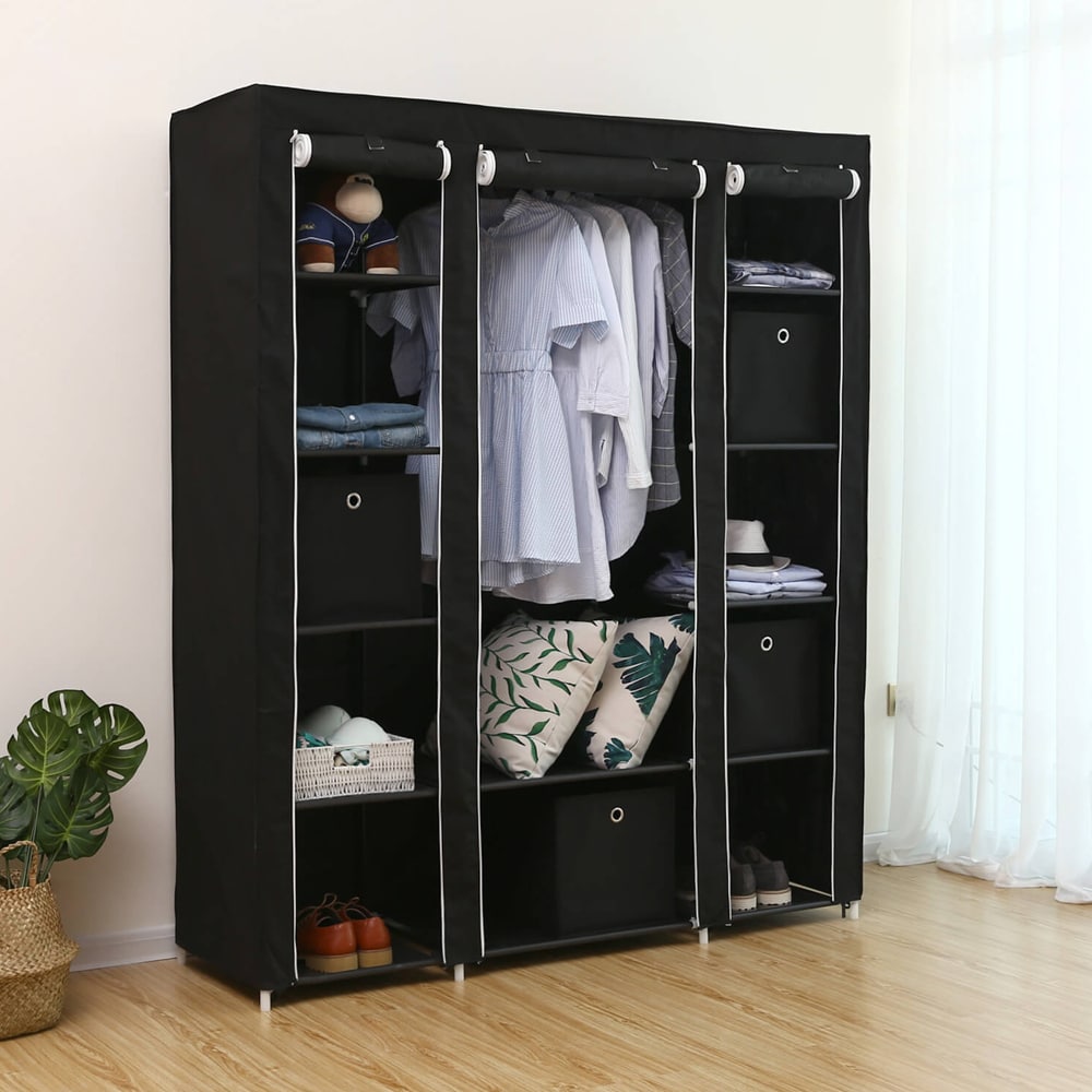 Kokoontaitettava kankainen kaappi 175x150x45 cm – 12 hyllyä ja vaatetanko