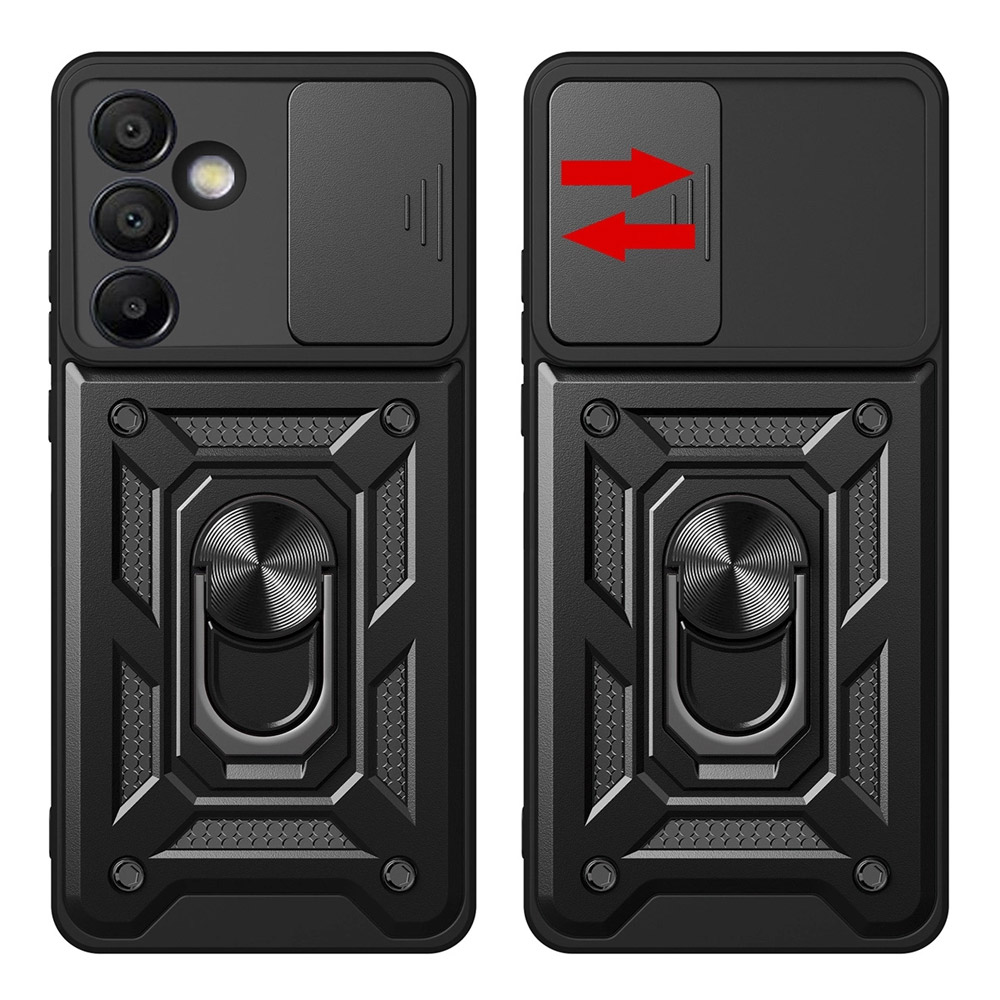 Hybrid Armor Camshield -kuori, jossa on matkapuhelimen rengas ja kameran suojaus Samsung Galaxy A56 - Musta