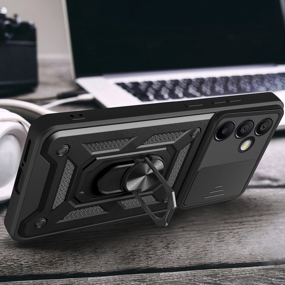 Hybrid Armor Camshield -kuori, jossa on matkapuhelimen rengas ja kameran suojaus Samsung Galaxy A56 - Musta