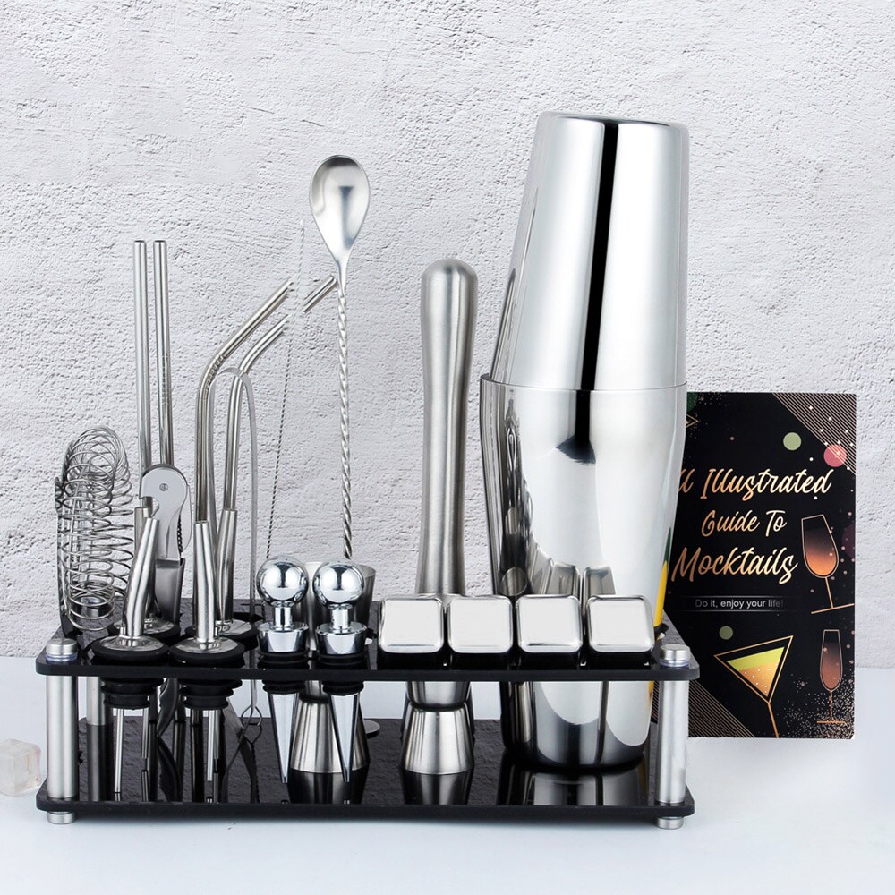 25-osainen bostonin ruostumattomasta teräksestä valmistettu shaker-setti, jossa on kaksinkertaiset mittakupit ja akryyliteline