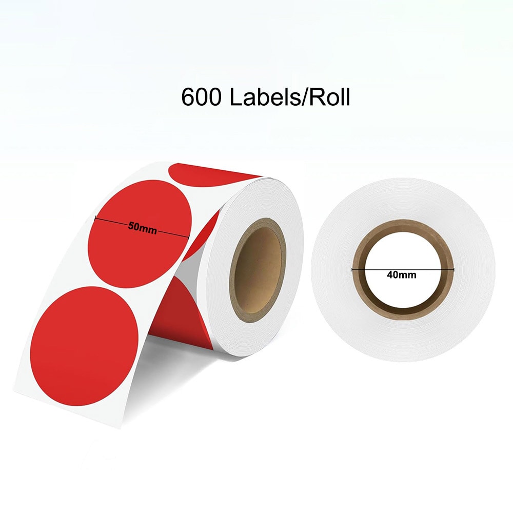 Etikettirulla, jossa pyöreitä punaisia etikettejä 50 mm - 600 etikettiä per rulla