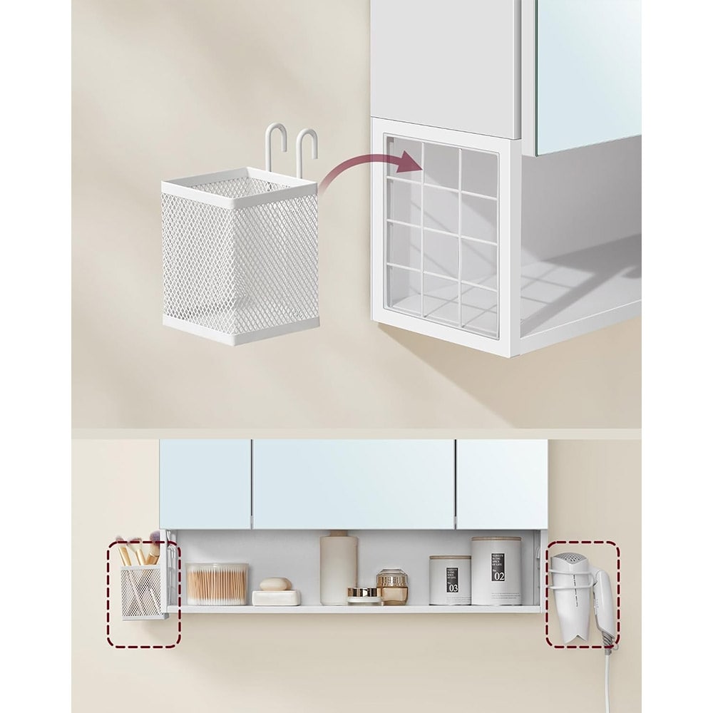 Puinen peilikaappi, jossa 3 ovea, sähköpistorasiat ja säilytysratkaisut - Valkoinen