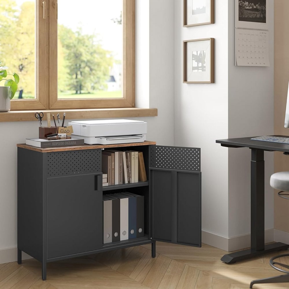 Teollisuustyylinen metallikaappi säädettävällä hyllyllä - Wood/Musta