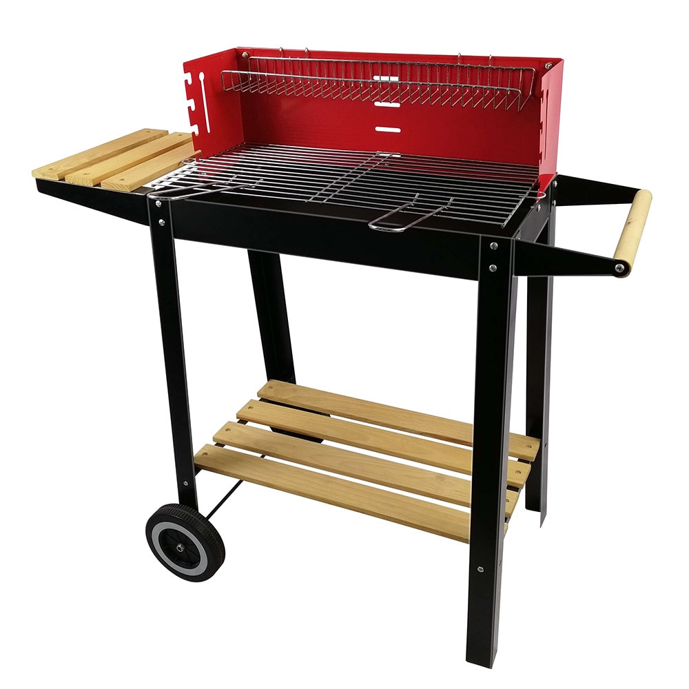 Puuhiiligrilli hyllyllä ja pyörillä