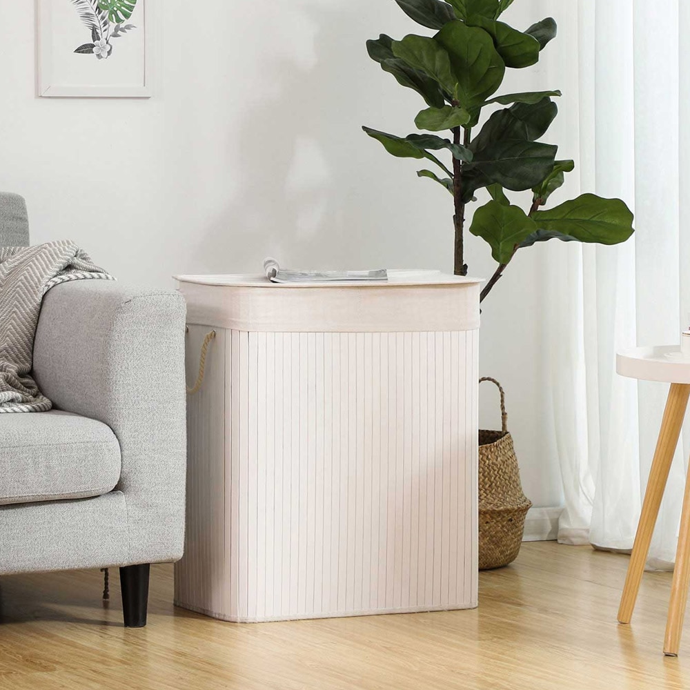 Bambusta valmistettu pyykkikori, jossa on 2 lokeroa ja kansi 100L - Valkoinen