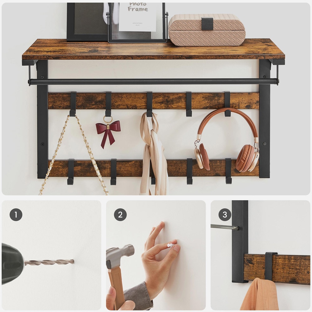 Seinäkiinnitteinen vaatetanko, jossa on hylly, koukkuja ja vaatetanko - Rustic Brown/Musta
