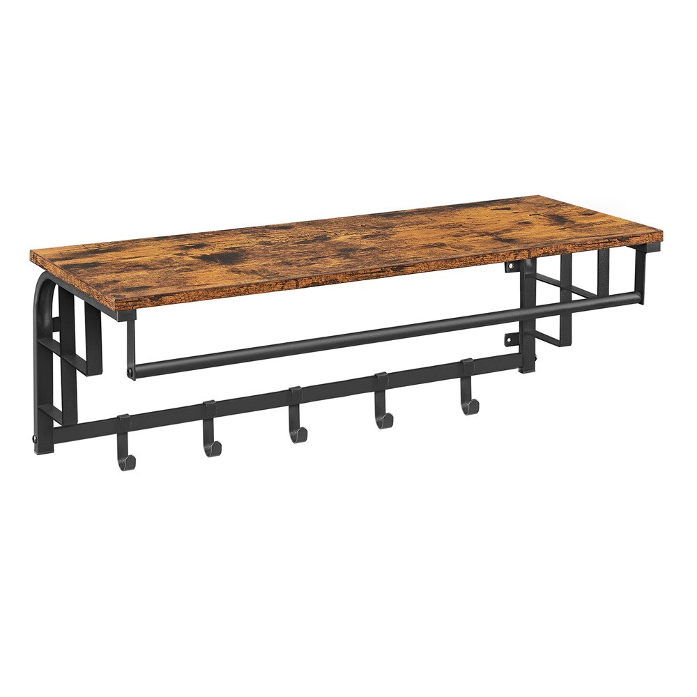 Seinäkiinnitteinen vaateteline, jossa on hylly, 5 koukkua ja ripustuskisko - Rustic Brown/Musta