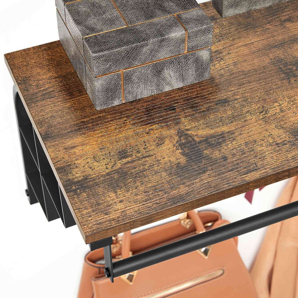 Seinäkiinnitteinen vaateteline, jossa on hylly, 5 koukkua ja ripustuskisko - Rustic Brown/Musta