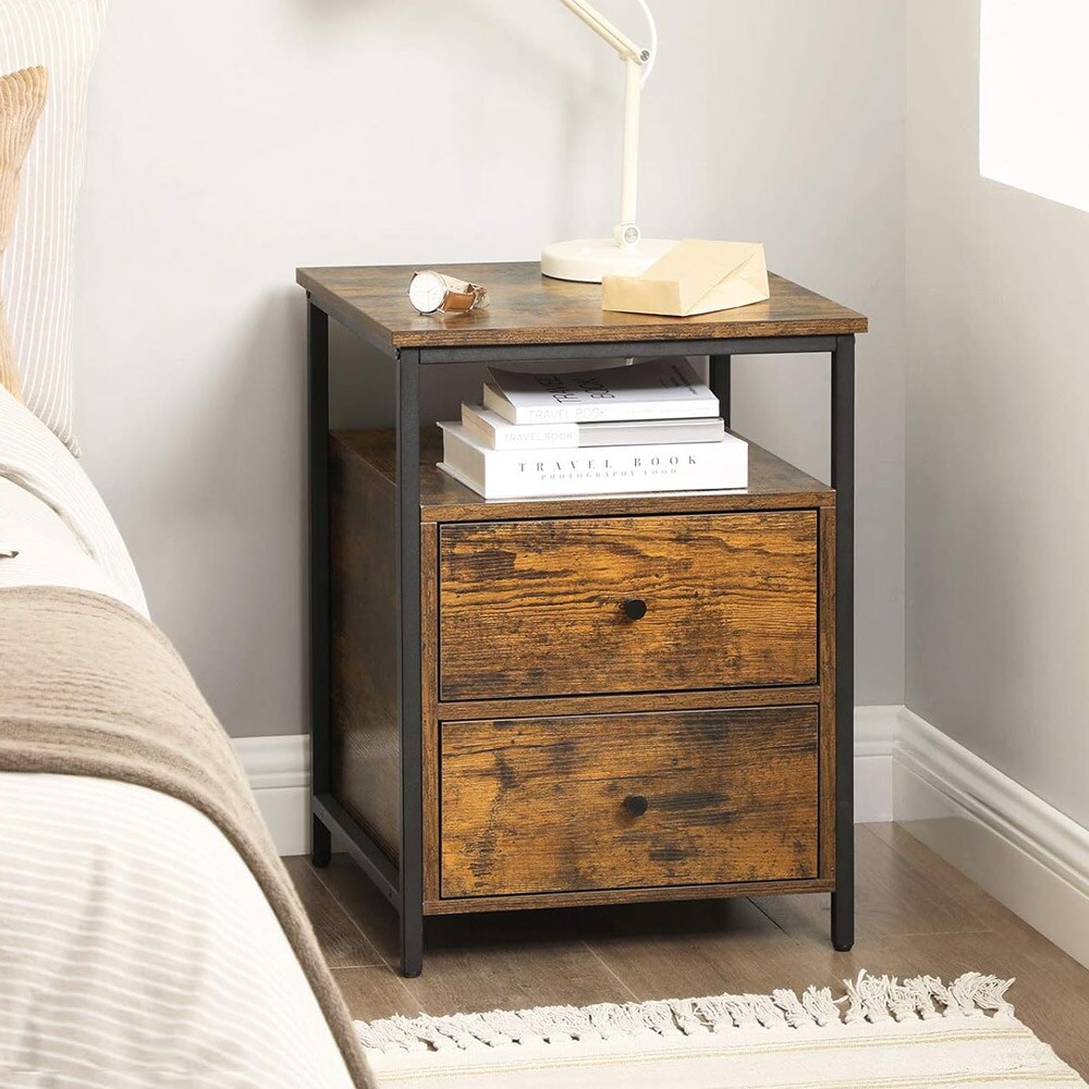 Yöpöytä, jossa 2 laatikkoa ja avoin lokero 45 x 45 x 60 cm - Rustiikkinen ruskea /svart