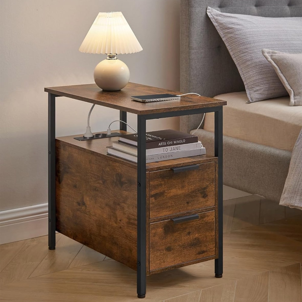 Yöpöytä, jossa pistorasia ja 2 laatikkoa - Rustiikkinen ruskea/svart