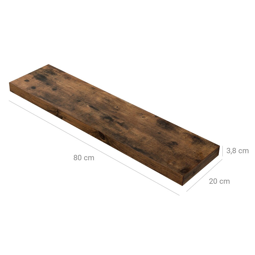 Puinen seinähylly, jossa on piilotettu ripustus - 80 x 20 x 3,8 cm - rustiikinruskea