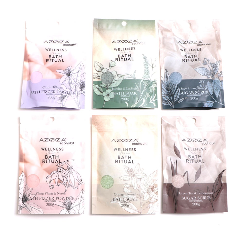 Azoza Eco Wellness kylpysuolat ja kuorinnat - 6-pakkaus annospussissa
