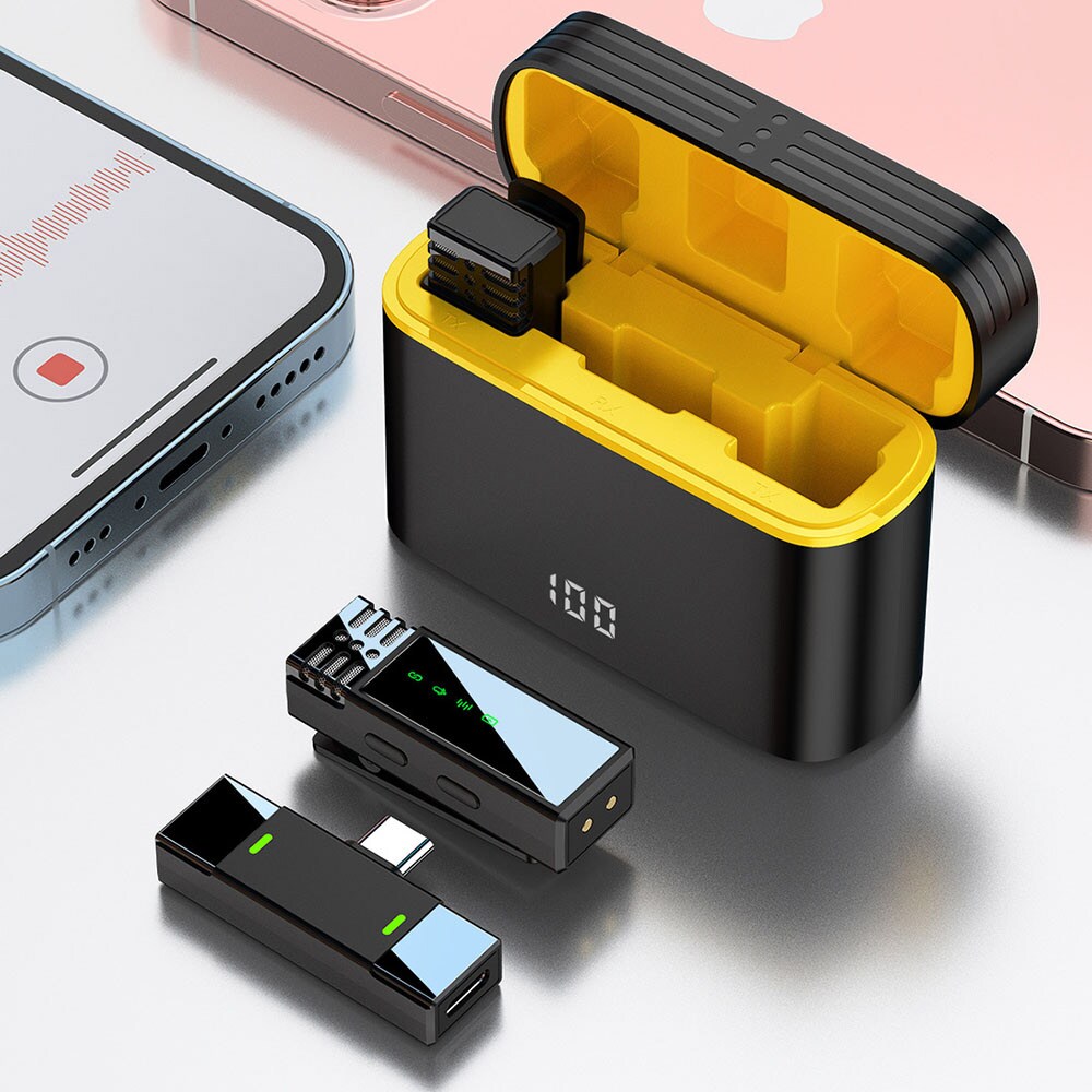 Langaton lavalier-mikrofoni - 2 mikrofonia, USB-C-vastaanotin ja latauskotelo