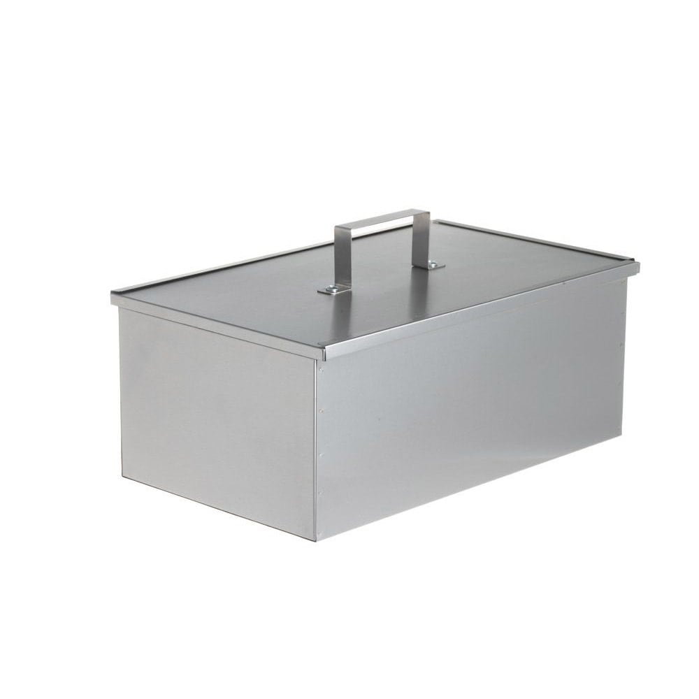 Ruostumattomasta teräksestä valmistettu savustuslaatikko, jossa on rasvalaatikko ja kaksi grilliä