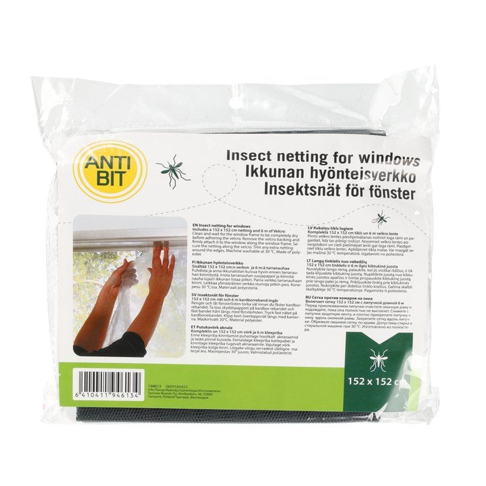 Ikkunoiden hyönteisverkko 152 x 152 cm, jossa on itseliimautuva teippi