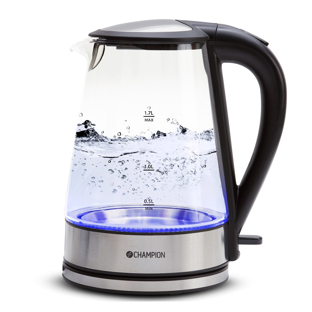 Champion lasinen vedenkeitin – 1,7 L, LED-valaistus, automaattinen virrankatkaisu, kuivakäynnin esto, roiskeita estävä muotoilu