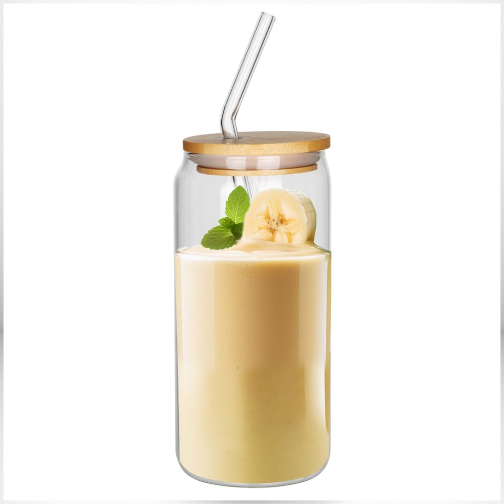 Lasi-muki 460 ml bambukannella ja pillillä - kylmille ja kuumille juomille