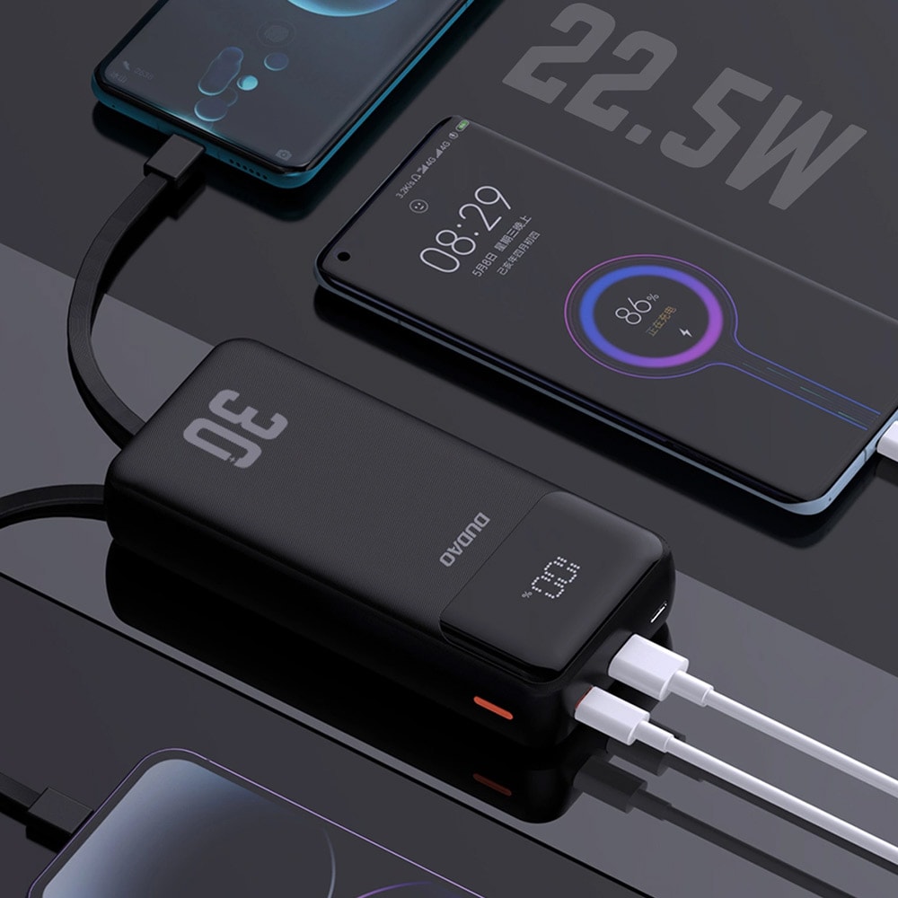 Powerbank 30000mAh pikalatauksella ja sisäänrakennetuilla kaapeleilla - Musta