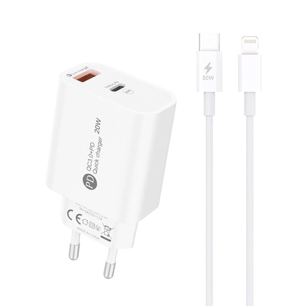 Pikalaturi 20W USB-C- ja USB-A-liitännöillä + Lightning-kaapeli – valkoinen