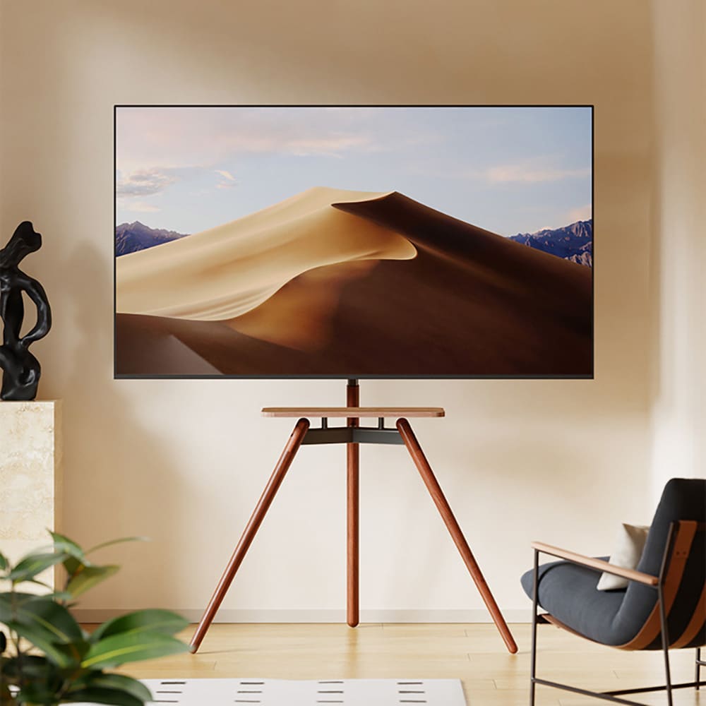 Säädettävä lattialla seisova TV-kiinnike, jossa on puujalat 32-75":lle