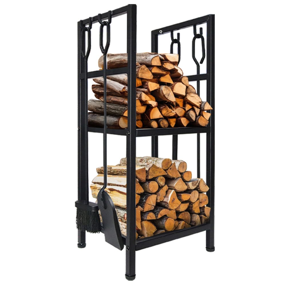 Metallinen polttopuuteline takkatyökaluilla – Musta