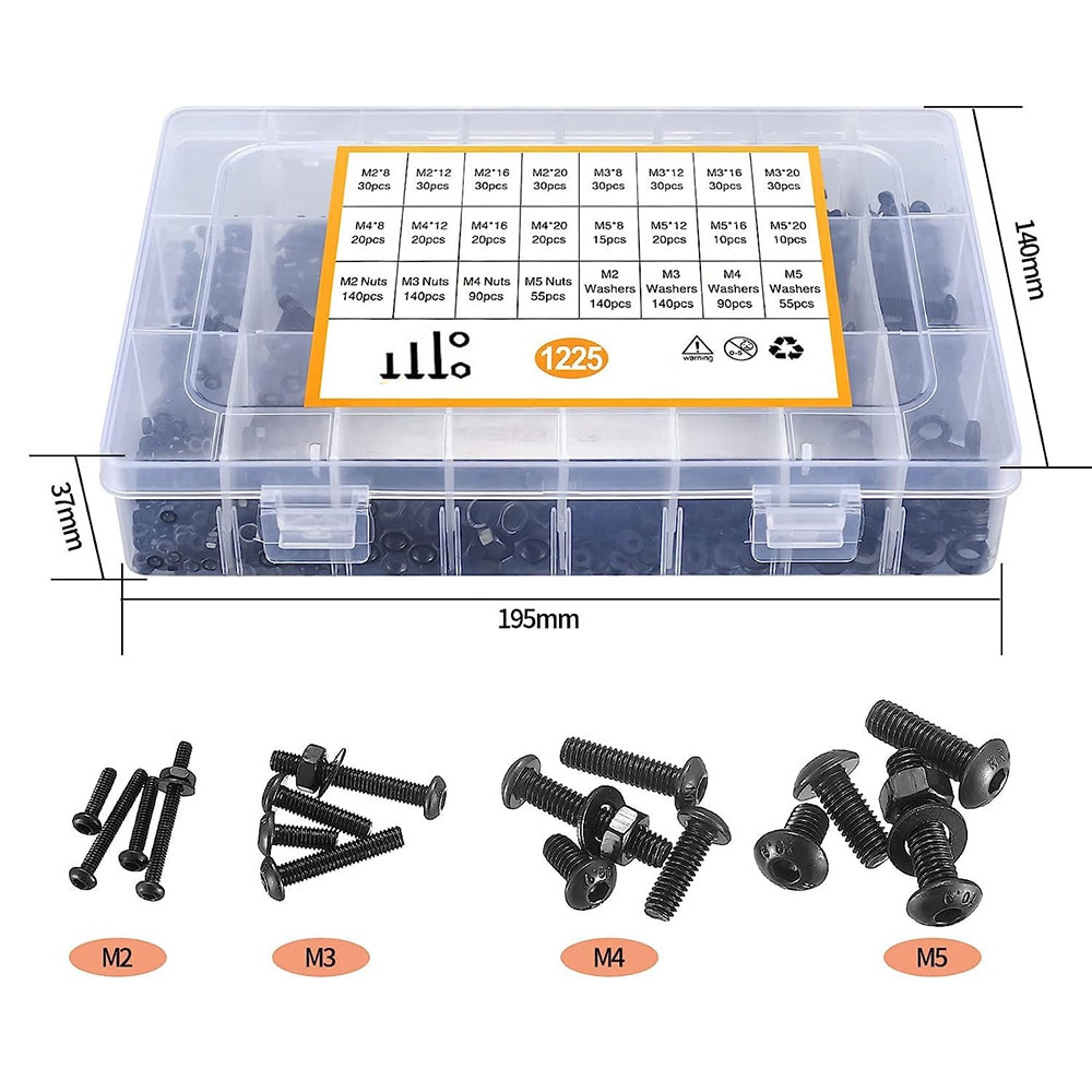 Laatikko kuusikulmaisia ruuveja, muttereita ja aluslevyjä 1225 kpl, hiiliterästä