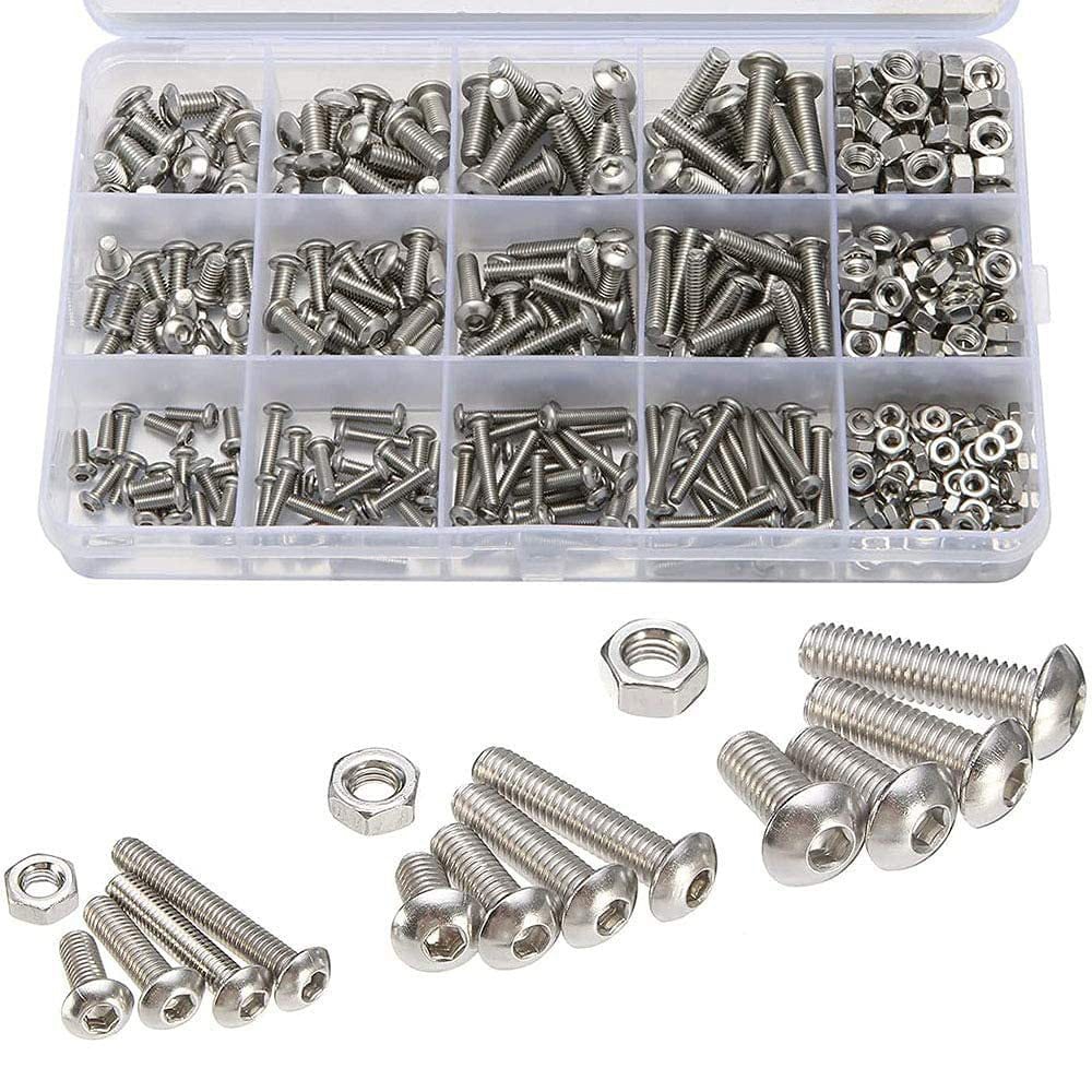 Laatikko, jossa on kuusiokoloruuveja, muttereita ja aluslevyjä 500 kpl, ruostumatonta terästä