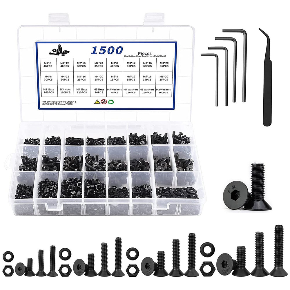 Laatikko kuusikulmaisia ruuveja, muttereita ja aluslevyjä 1500 kappaletta seosterästä