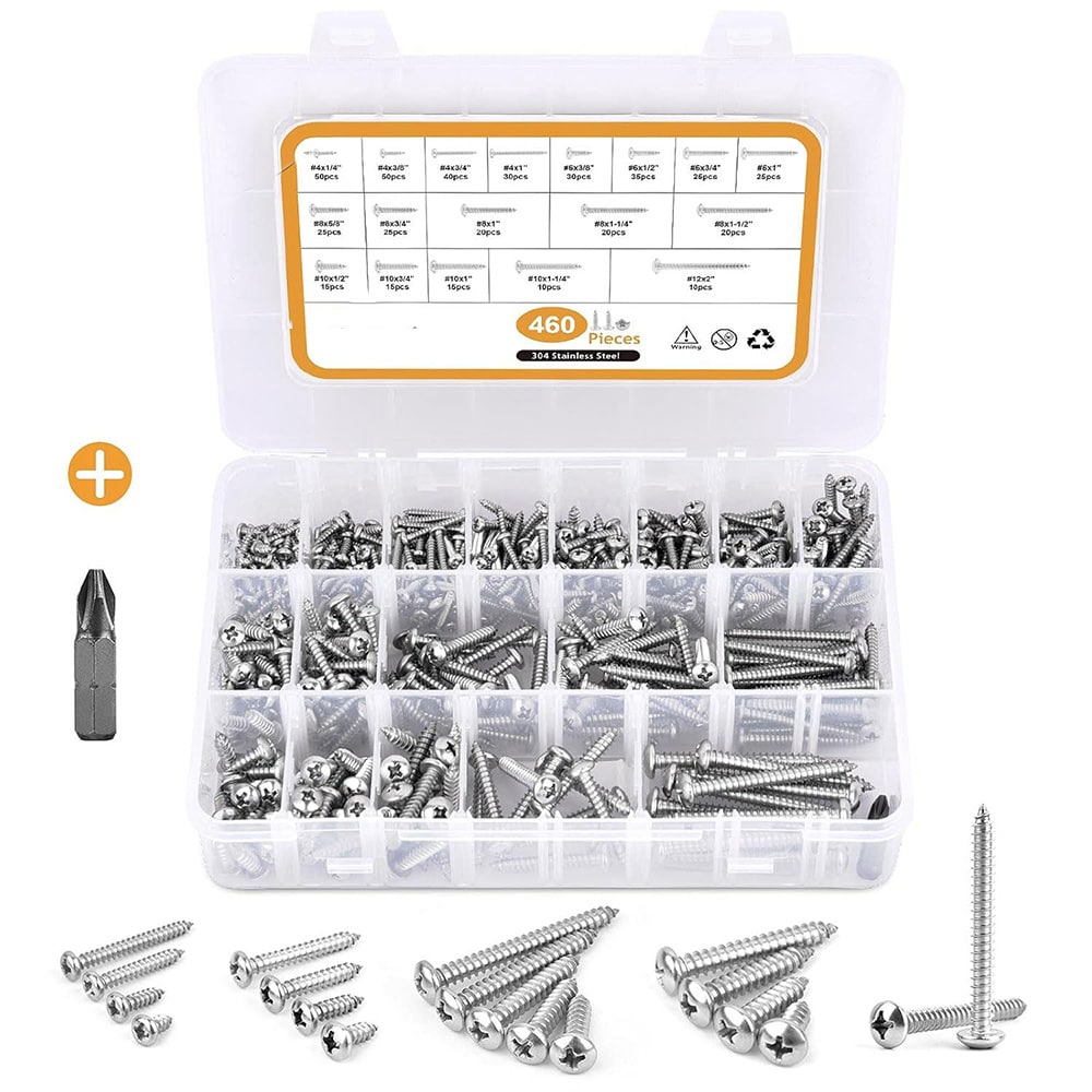 Laatikko puuruuveja 460 kappaletta ruostumatonta terästä