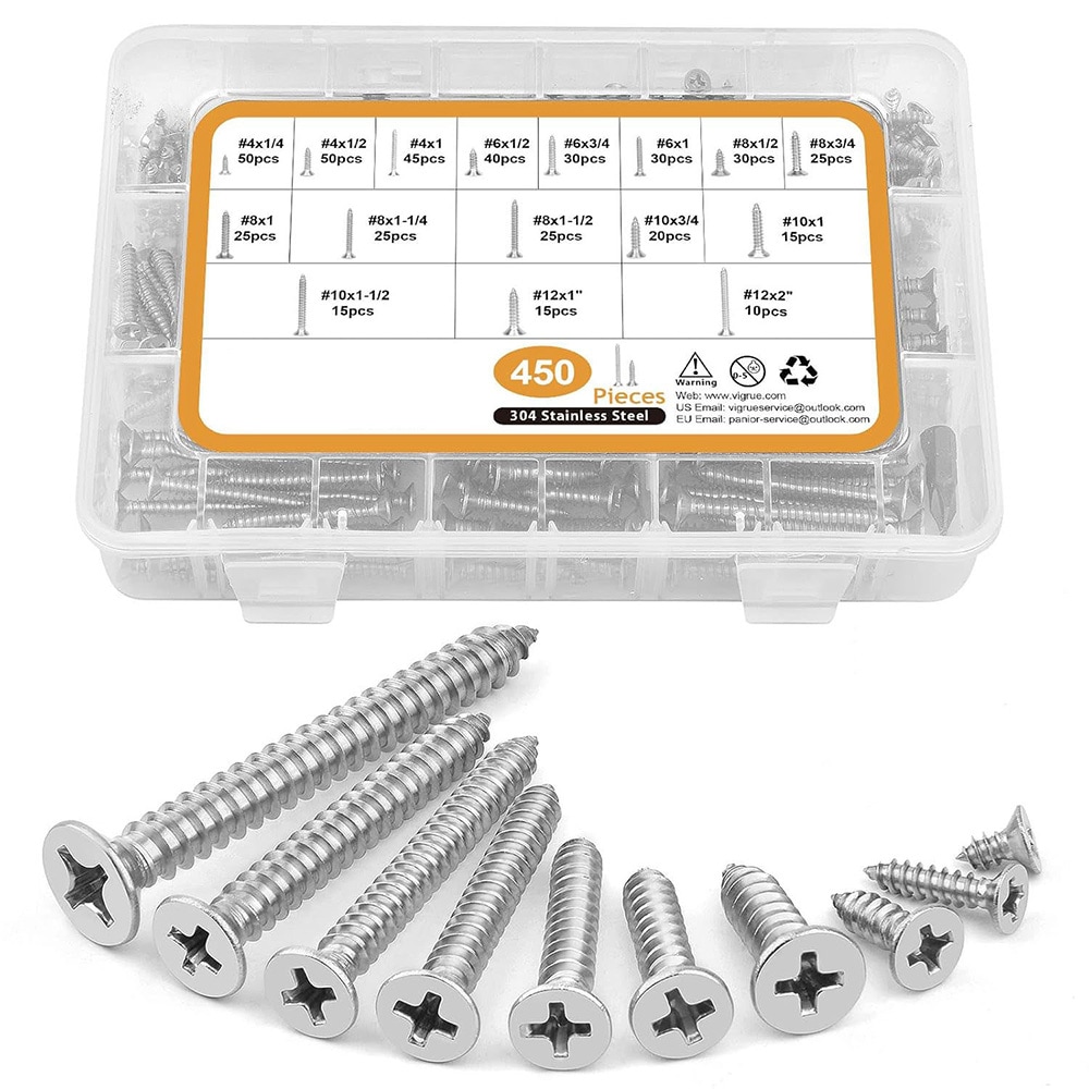 Laatikko puuruuveja 450 kpl ruostumatonta terästä