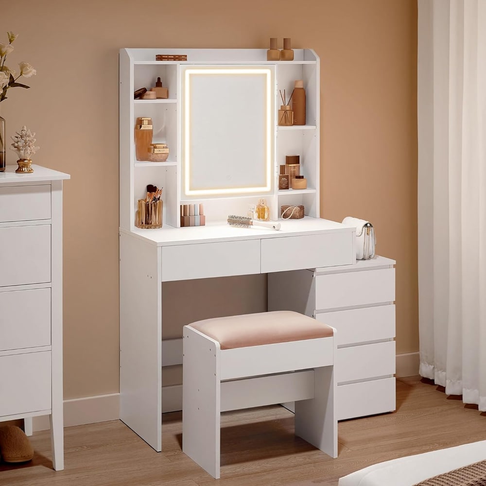 Pukeutumispöytä jakkaralla ja LED-valaistuksella - Valkoinen