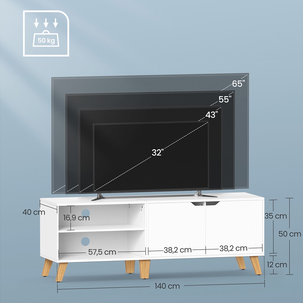 TV-taso 140 cm säilytystilalla, sopii jopa 65" televisiolle – Valkoinen