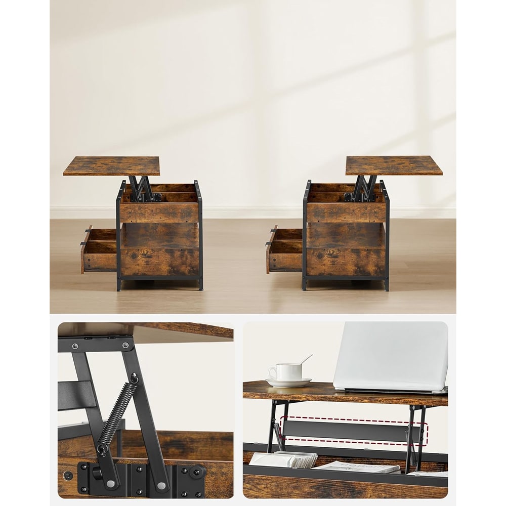 Sohvapöytä nostettavalla kannella ja 2 laatikolla – Rustic Brown/Musta