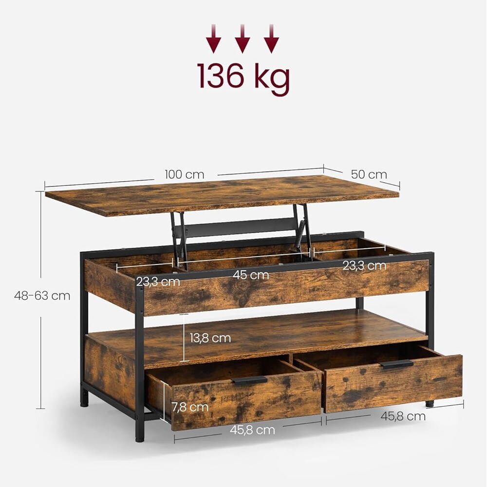 Sohvapöytä nostettavalla kannella ja 2 laatikolla – Rustic Brown/Musta