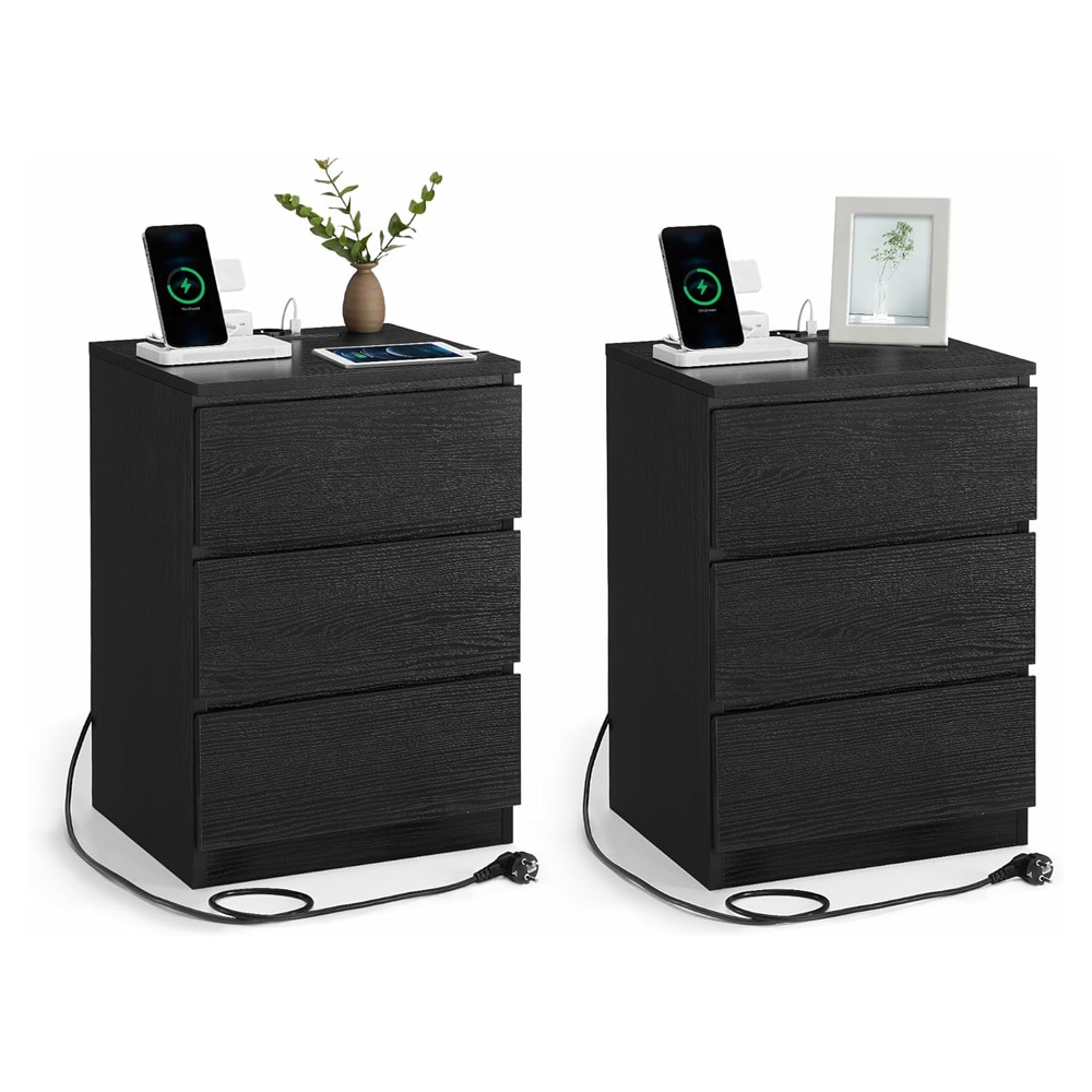 2 yöpöytää, joissa on 3 laatikkoa, virta- ja USB-pistorasiat - Svart